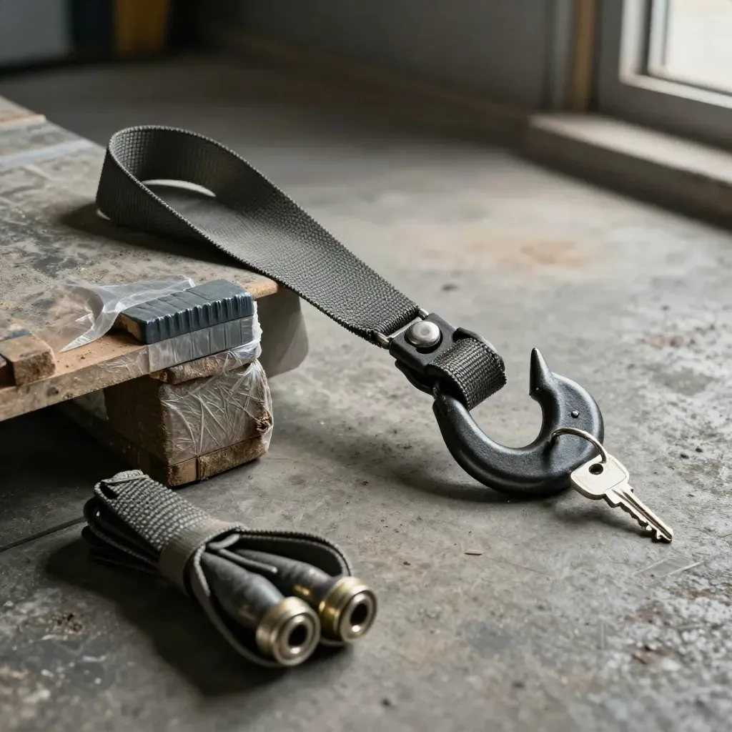 Ratchet strap, cargo hook and edge protectors on concrete loading bay, lit like a premium still life.