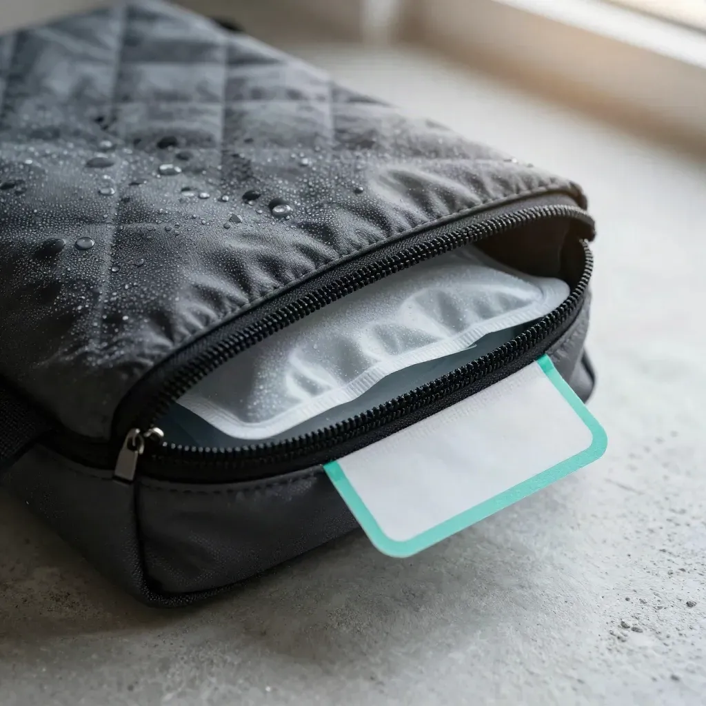 Macro of a pharmacy courier insulated pouch with gel packs and a tamper seal on pale concrete.