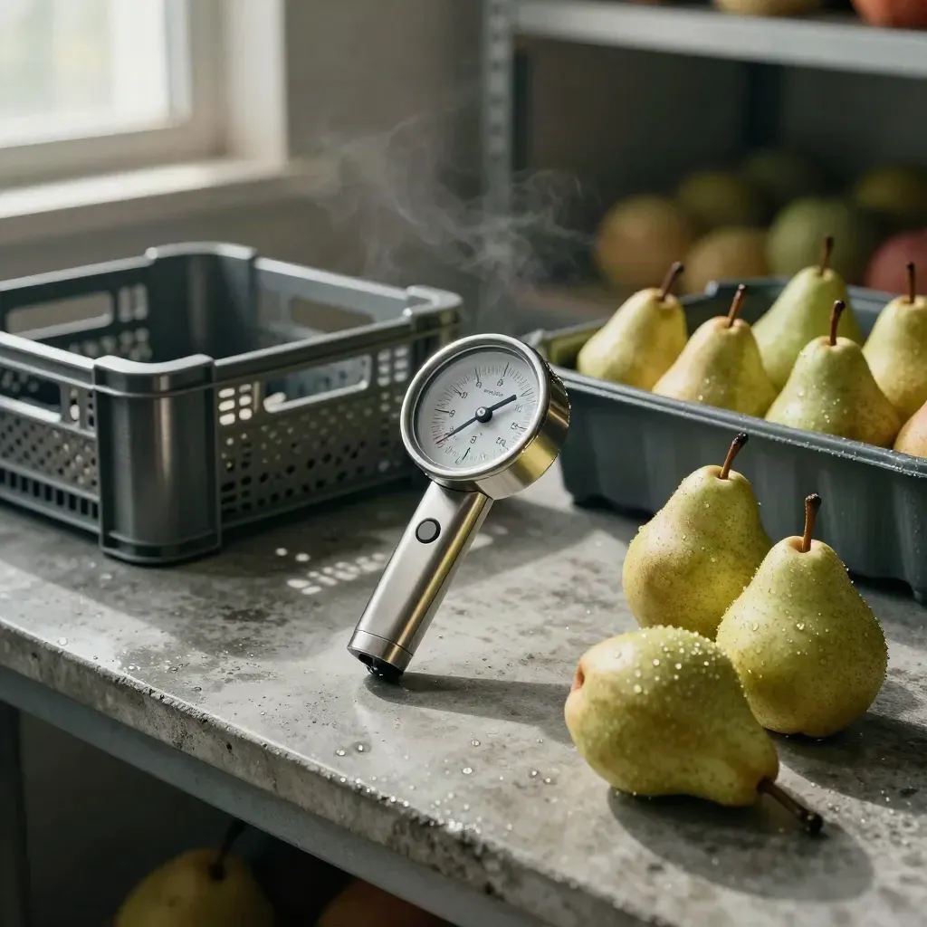 Temperature probe, crate guards, and perforated fruit tray in a humid produce cellar still life.
