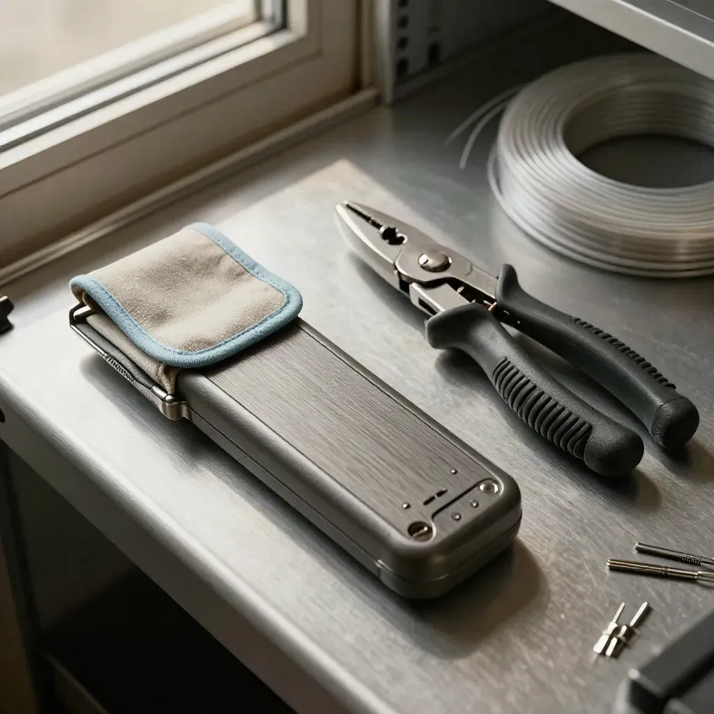 Telecom tools arranged in a close overhead macro on brushed metal with soft sky-blue accents