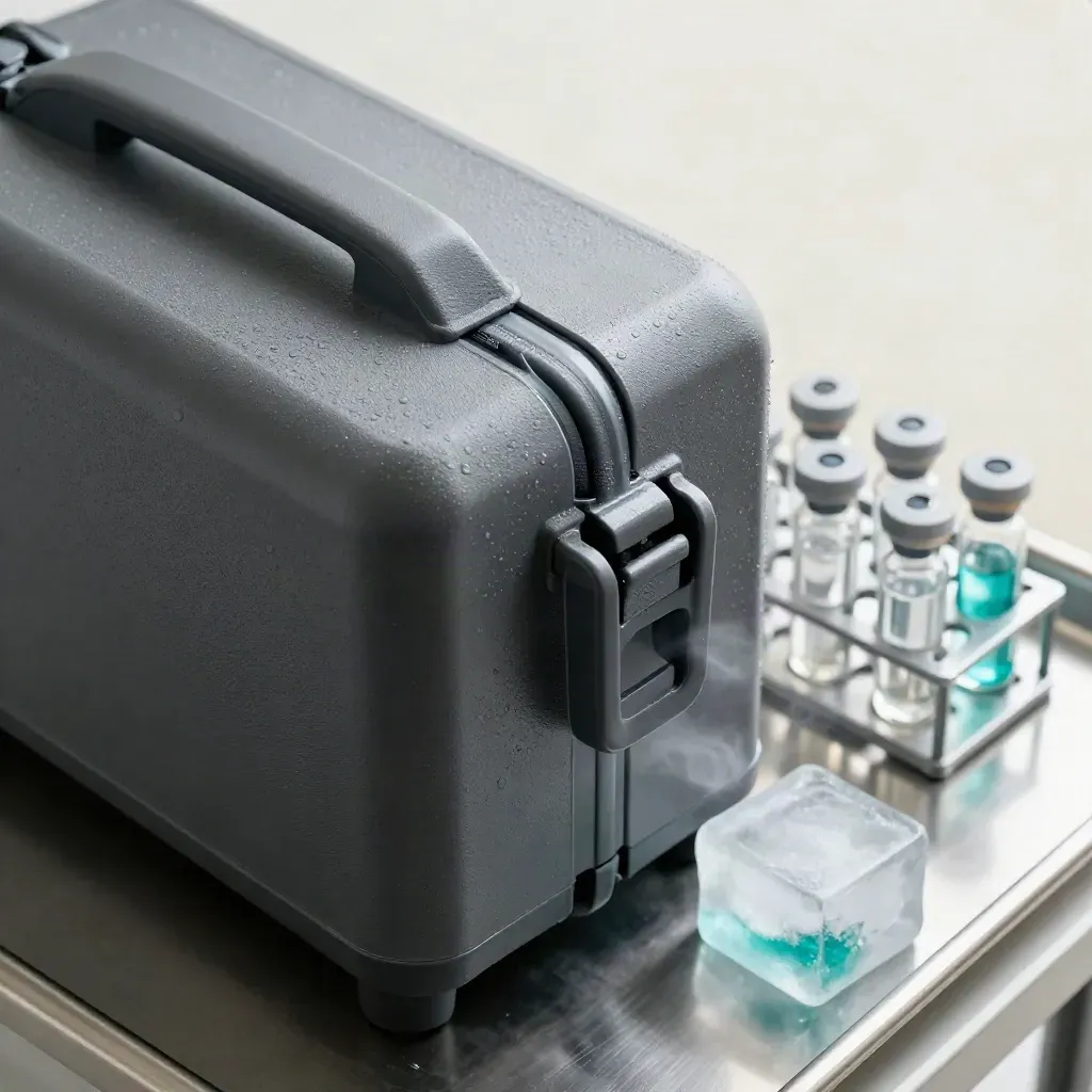 Top-down macro of a cold-chain sample carrier, vial rack and ice brick with teal accents.
