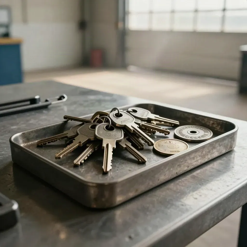 Fleet keys, tow pin, maintenance token and depot disc on a brushed metal tray in a garage bay.