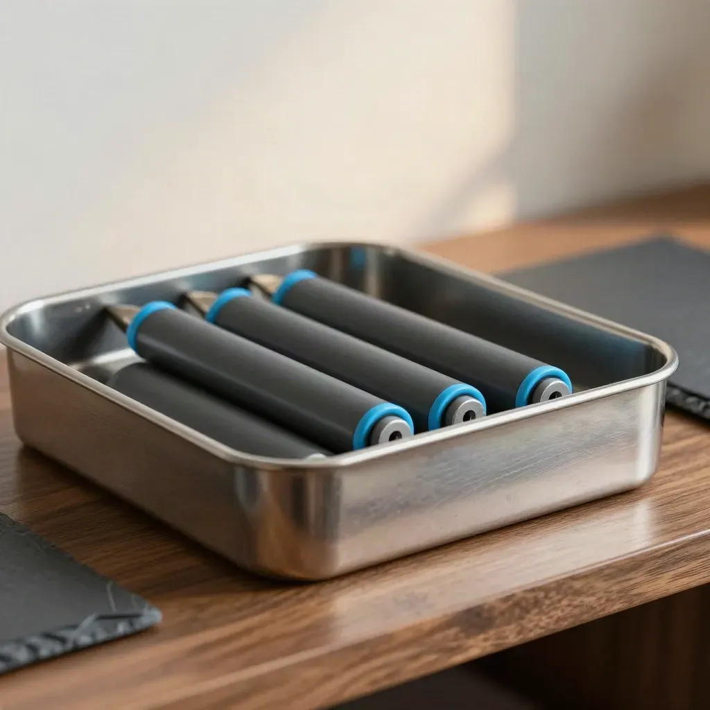 Macro still life of magnetic stop markers aligned in a brushed steel sorting tray on walnut.