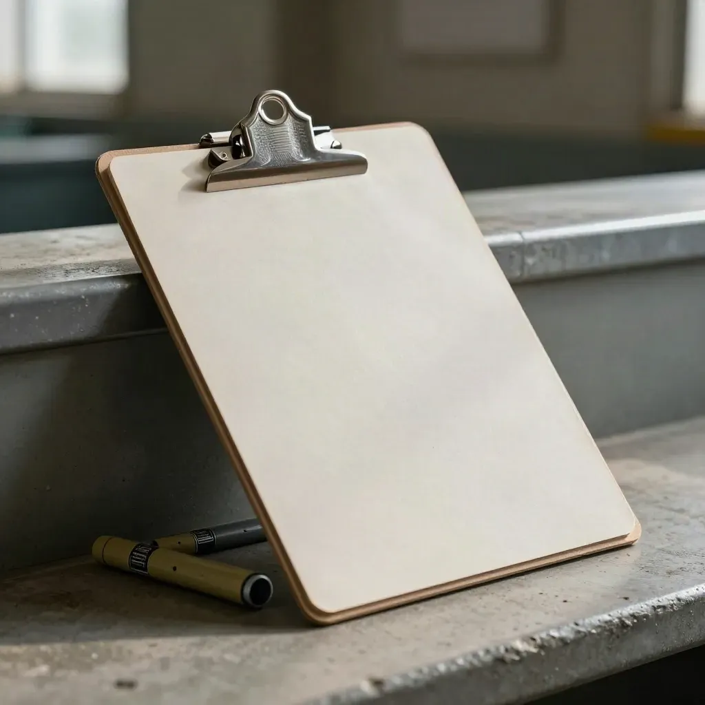 Aluminium clipboard, bay markers and spring clip on a concrete dispatch shelf, lit dramatically.