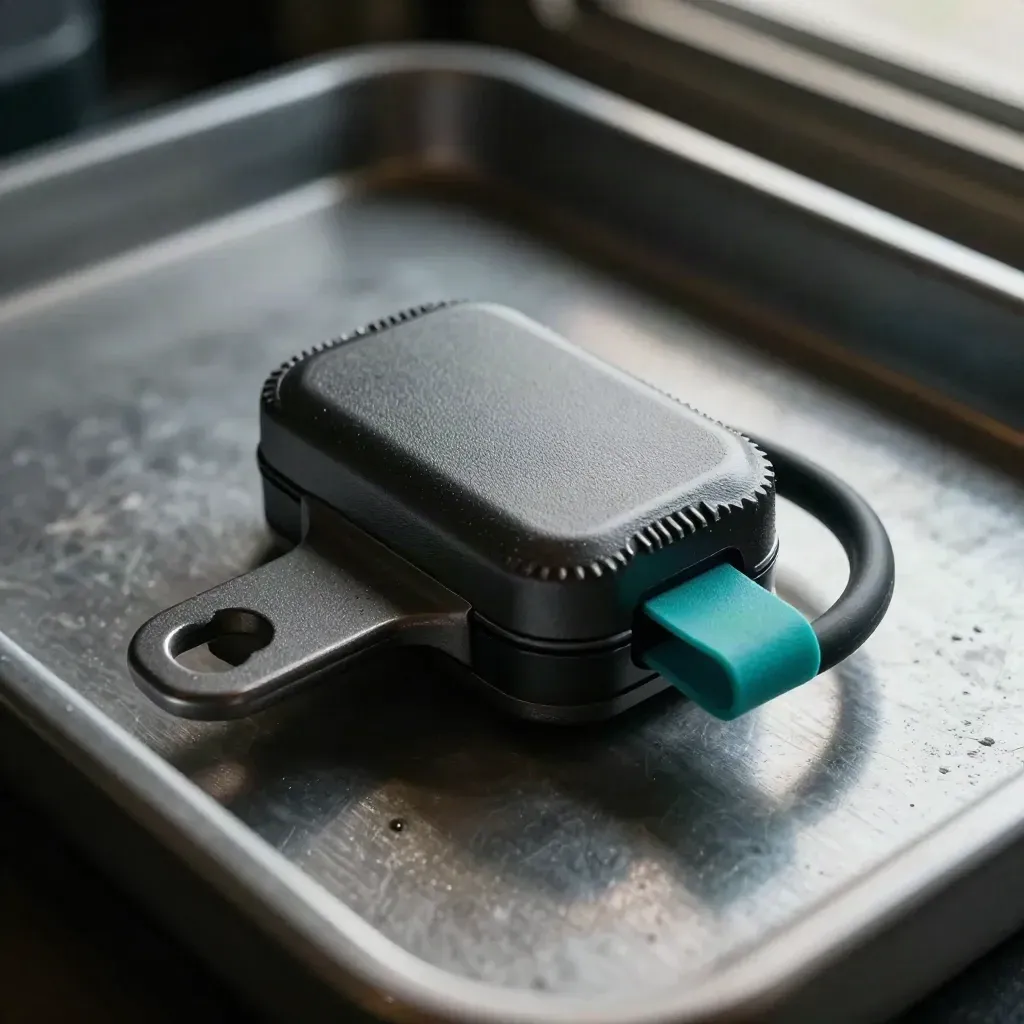 GPS tracker puck in mounting bracket with gasket on graphite tray, side-lit close-up