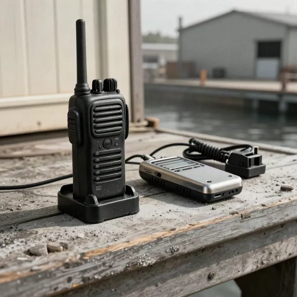 Two-way radio, charging dock and vibration pager on a dockside shelf in soft daylight.
