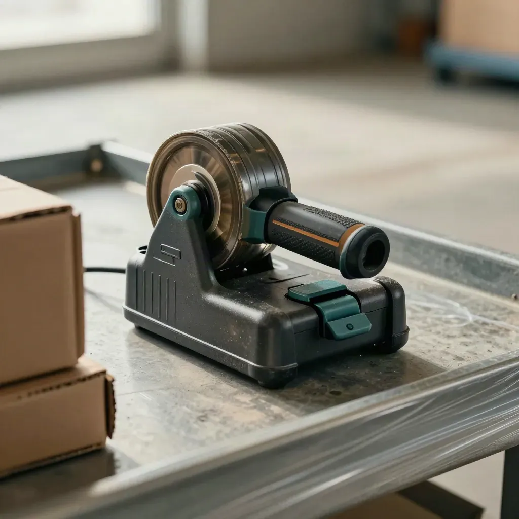 Parcel scanner cradle, tape gun and corner protectors in a tight depot close-up.