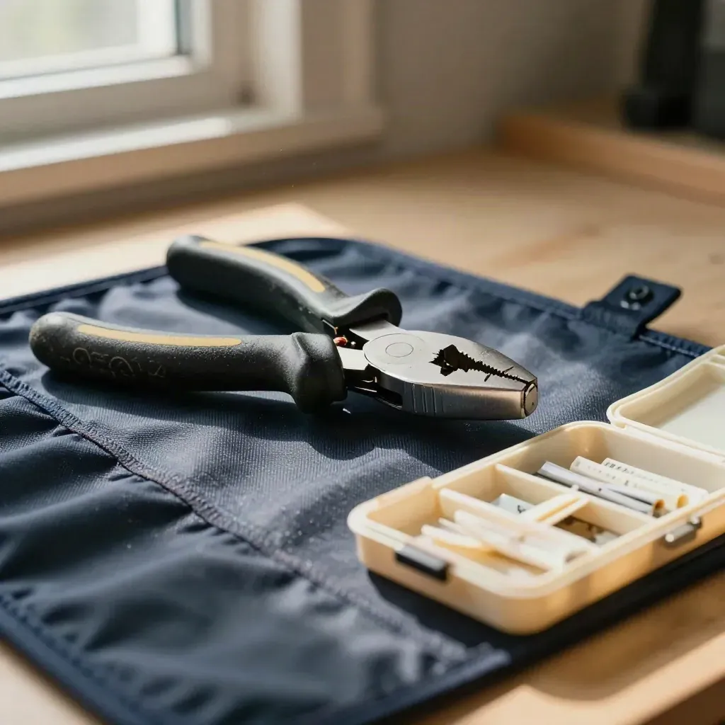 Macro side view of insulated pliers, a cable crimper and fibre splice case inside a tool roll