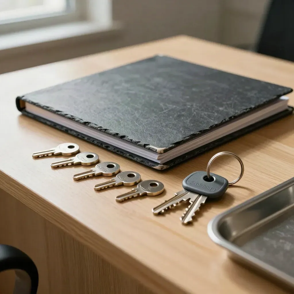 Slate operations binder, metal shift tokens, and depot keys on a pale oak counter.