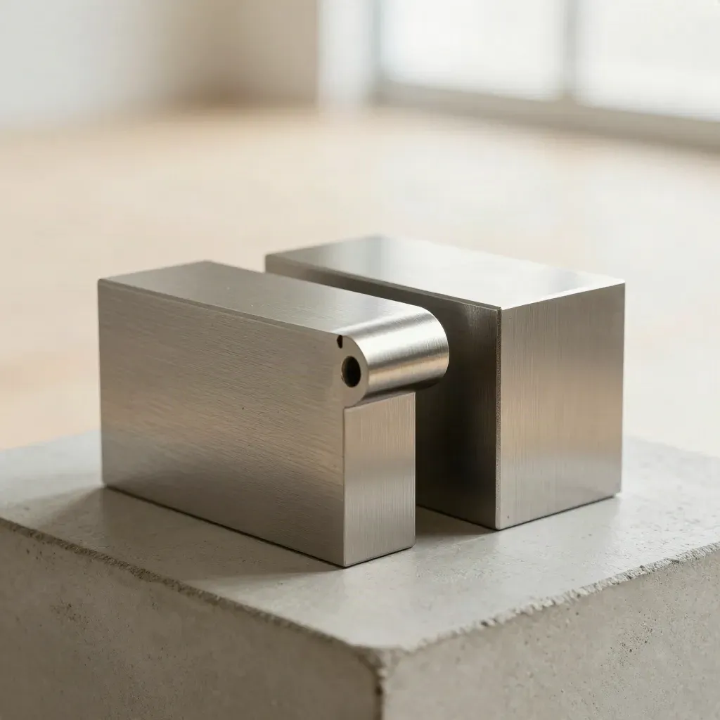 Two brushed steel blocks joined by a precision ring on a pale concrete surface.