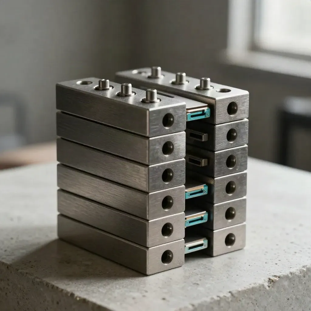 Graphite metal blocks and pins locking together on limestone with a teal connector accent.
