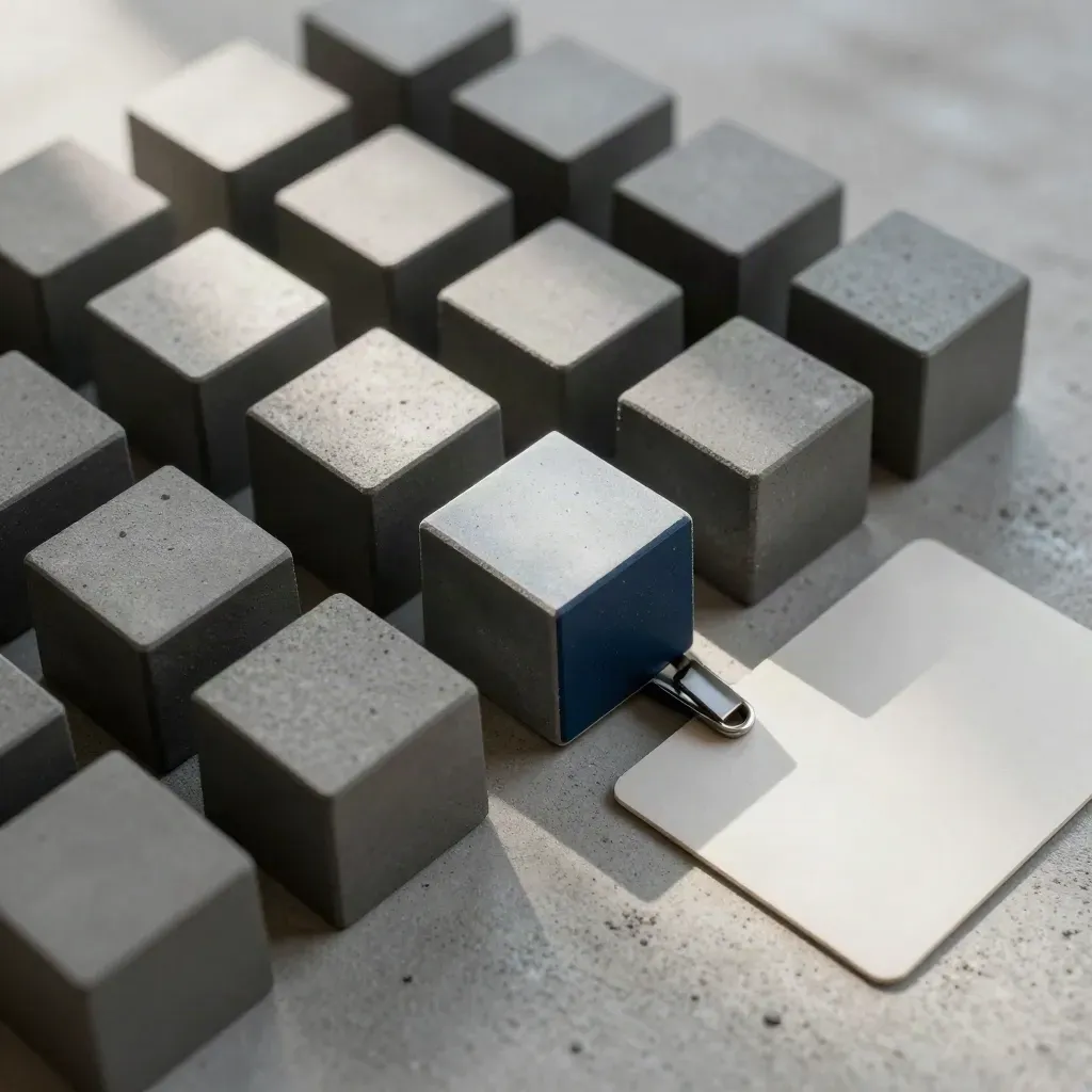 Top-down modular cubes, neutral cards and a linking clip on poured concrete.