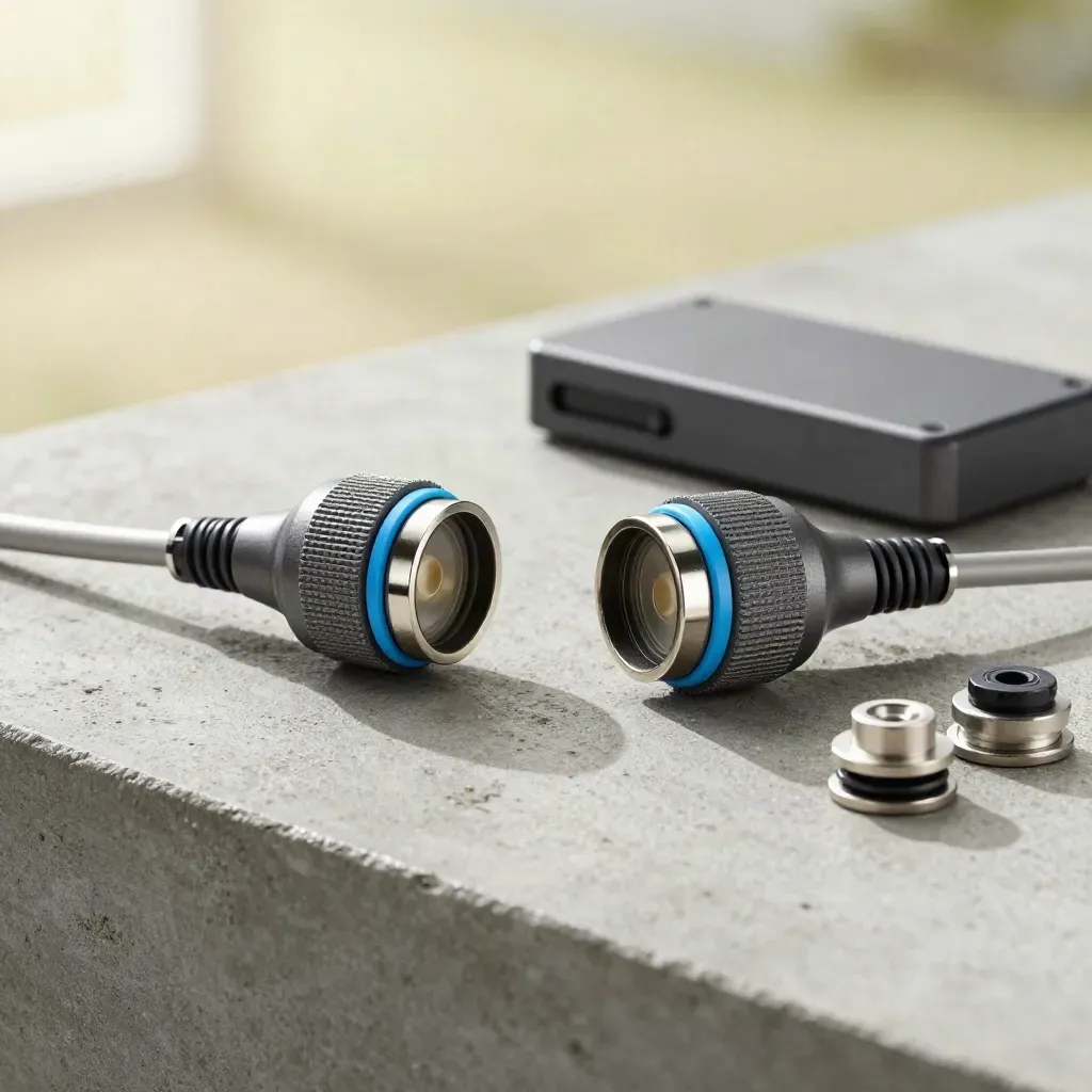 Two graphite connector hubs joined by a sky-blue cable on cool concrete, lit softly.