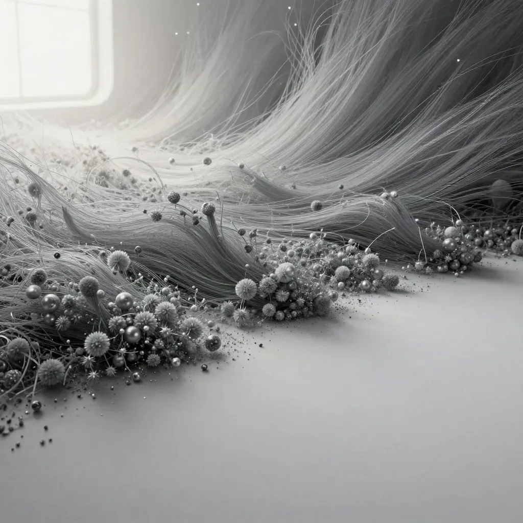 Abstract silver filaments converge in a soft bloom over graphite haze.
